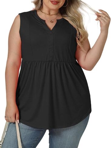 VISLILY Womens-Plus-Size-Sleeveless-Henley-Shirts Casual V Neck Summer Tank Tops Flowy Pleated Tunics Cute Buttons Up Blouses in Kuwait
