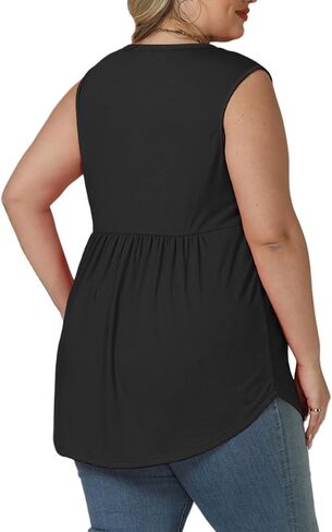 VISLILY Womens-Plus-Size-Sleeveless-Henley-Shirts Casual V Neck Summer Tank Tops Flowy Pleated Tunics Cute Buttons Up Blouses in Kuwait