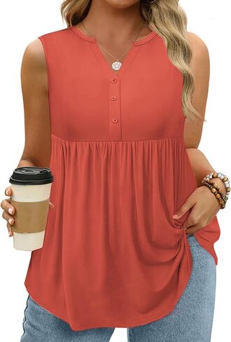 VISLILY Womens-Plus-Size-Sleeveless-Henley-Shirts Casual V Neck Summer Tank Tops Flowy Pleated Tunics Cute Buttons Up Blouses in Kuwait