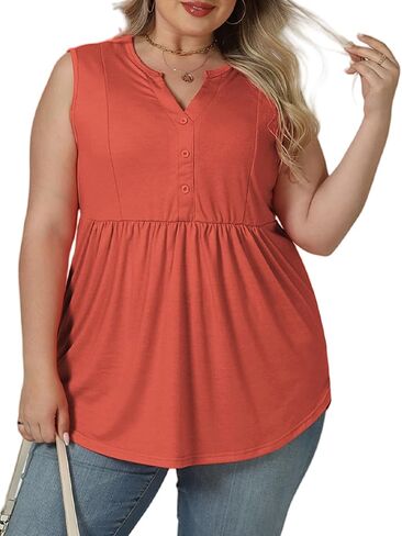 VISLILY Womens-Plus-Size-Sleeveless-Henley-Shirts Casual V Neck Summer Tank Tops Flowy Pleated Tunics Cute Buttons Up Blouses in Kuwait
