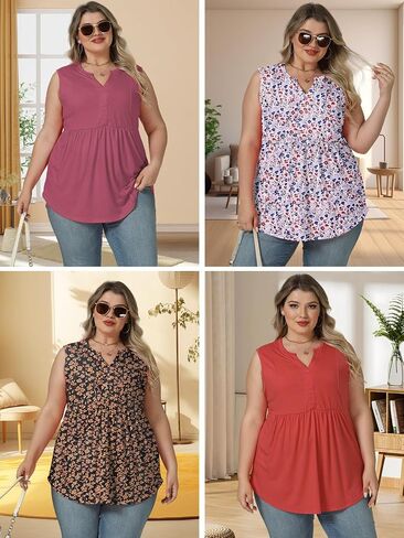 VISLILY Womens-Plus-Size-Sleeveless-Henley-Shirts Casual V Neck Summer Tank Tops Flowy Pleated Tunics Cute Buttons Up Blouses in Kuwait
