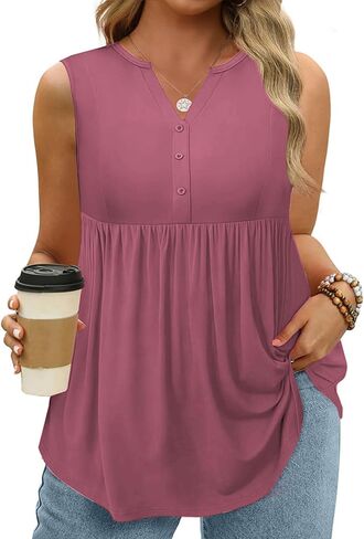 VISLILY Womens-Plus-Size-Sleeveless-Henley-Shirts Casual V Neck Summer Tank Tops Flowy Pleated Tunics Cute Buttons Up Blouses in Saudi Arabia