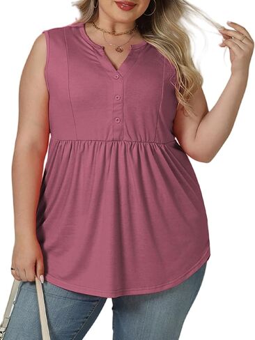 VISLILY Womens-Plus-Size-Sleeveless-Henley-Shirts Casual V Neck Summer Tank Tops Flowy Pleated Tunics Cute Buttons Up Blouses in Saudi Arabia