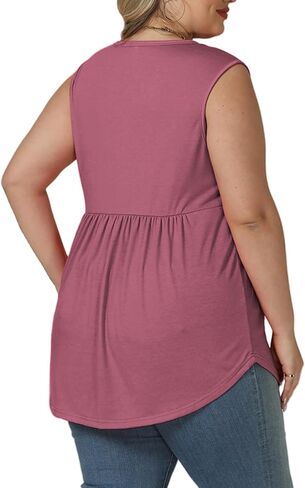 VISLILY Womens-Plus-Size-Sleeveless-Henley-Shirts Casual V Neck Summer Tank Tops Flowy Pleated Tunics Cute Buttons Up Blouses in Saudi Arabia