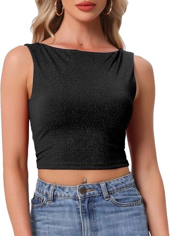 Allegra K Tank Top for Women Glitter Going Out Tops Boat Neck Cropped Sleeveless Casual Outfit Clothes in Saudi Arabia