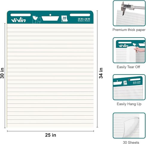 ViVin Grid Sticky Easel Pad, 25 x 30 Inches Flip Chart Paper for Teachers and Students, Large Self Stick Easel Paper for School & Office, 30 Sheets/Pad, 2 Pads/Pack in Kuwait