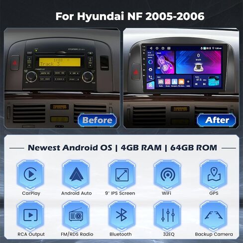 [2+64G] Hikity Android Car Stereo for Hyundai Sonata 2004 2005 2006 2007 2008 with Wireless Carplay Android Auto, 9" Touch Screen Radio with Mirror Link GPS WiFi Bluetooth SWC Backup Camera FM in Saudi Arabia