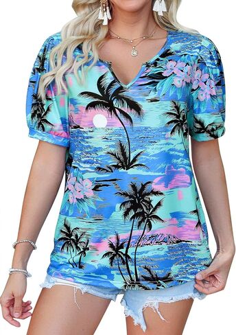 Womens V Neck Hawaiian Shirts Puff Short Sleeve Floral Tropic Printed T-Shirt Summer Casual Trendy Boho Blouses Tops in Saudi Arabia