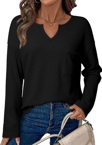 Dokotoo Womens Tops Waffle متماسكة الأكمام الطويلة التي أحرزت قمصان رقبة خام in Saudi Arabia