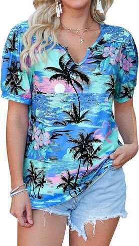 Womens V Neck Hawaiian Shirts Puff Short Sleeve Floral Tropic Printed T-Shirt Summer Casual Trendy Boho Blouses Tops in Saudi Arabia