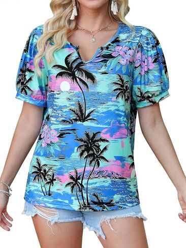 Womens V Neck Hawaiian Shirts Puff Short Sleeve Floral Tropic Printed T-Shirt Summer Casual Trendy Boho Blouses Tops in Saudi Arabia