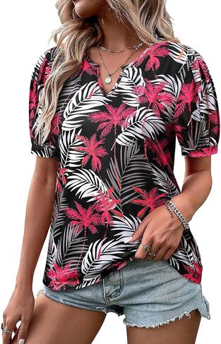 Womens V Neck Hawaiian Shirts Puff Short Sleeve Floral Tropic Printed T-Shirt Summer Casual Trendy Boho Blouses Tops in Saudi Arabia