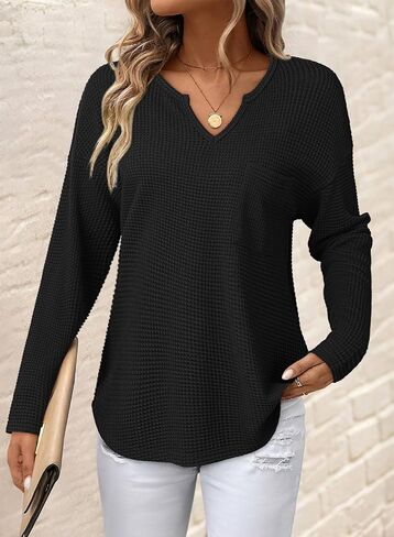 Dokotoo Womens Tops Waffle متماسكة الأكمام الطويلة التي أحرزت قمصان رقبة خام in Saudi Arabia