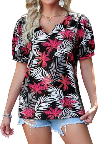Womens V Neck Hawaiian Shirts Puff Short Sleeve Floral Tropic Printed T-Shirt Summer Casual Trendy Boho Blouses Tops in Saudi Arabia