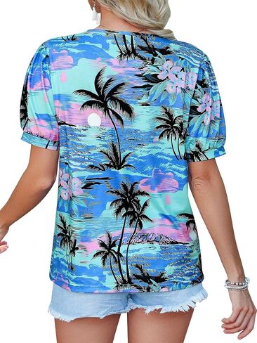 Womens V Neck Hawaiian Shirts Puff Short Sleeve Floral Tropic Printed T-Shirt Summer Casual Trendy Boho Blouses Tops in Saudi Arabia