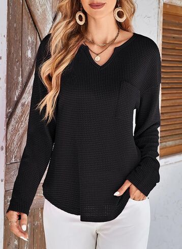 Dokotoo Womens Tops Waffle متماسكة الأكمام الطويلة التي أحرزت قمصان رقبة خام in Saudi Arabia