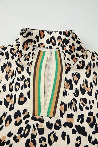 Womens Khaki Leopard Color Block Contrast Striped Half Sleeve Loose Fit Blouse Casual Daily Leopard Summer Top 2025 in Saudi Arabia
