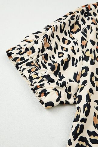 Womens Khaki Leopard Color Block Contrast Striped Half Sleeve Loose Fit Blouse Casual Daily Leopard Summer Top 2025 in Saudi Arabia