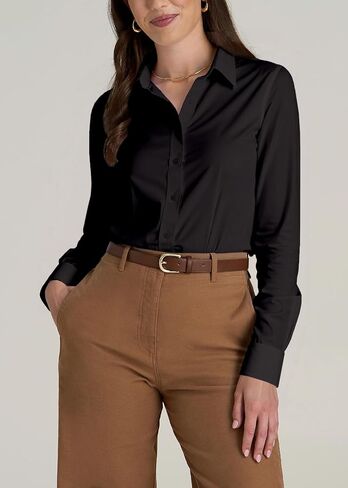 زر القمصان لأسفل للنساء قمصان اللباس طويلة الأكمام تمتد تجاعيد حرة العمل in Kuwait