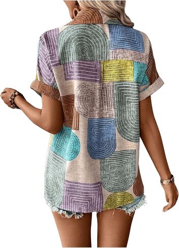 SOLY HUX Women's Button Down Shirts V Neck Short Sleeve Printed Summer Casual Blouse Tops in Saudi Arabia