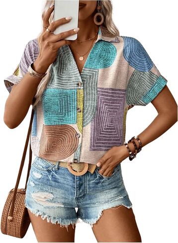 SOLY HUX Women's Button Down Shirts V Neck Short Sleeve Printed Summer Casual Blouse Tops in Saudi Arabia