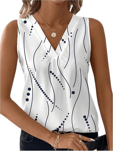 SweatyRocks Women's Printed Sleeveless Blouses V Neck Pleated Summer Work Shirts Tops in Saudi Arabia
