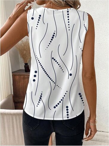 SweatyRocks Women's Printed Sleeveless Blouses V Neck Pleated Summer Work Shirts Tops in Saudi Arabia