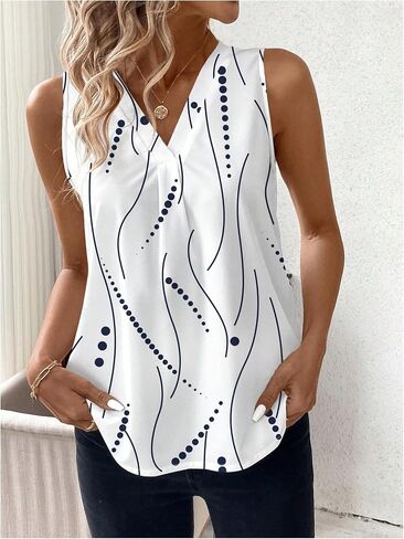 SweatyRocks Women's Printed Sleeveless Blouses V Neck Pleated Summer Work Shirts Tops in Saudi Arabia