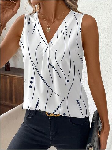 SweatyRocks Women's Printed Sleeveless Blouses V Neck Pleated Summer Work Shirts Tops in Saudi Arabia