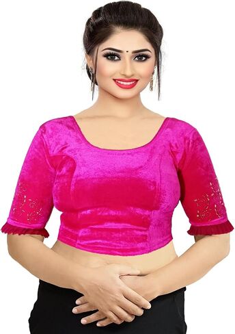 Women's Velvet Designer Golden Stone Work 4way Stretchable Sari Blouse Capri Tops DN-555 in Saudi Arabia