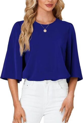 Rooscier Women's Dressy 3/4 Sleeve Tops for Women Crewneck Business Casual Loose Blouse Shirt in Saudi Arabia