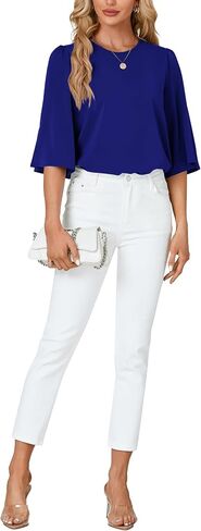 Rooscier Women's Dressy 3/4 Sleeve Tops for Women Crewneck Business Casual Loose Blouse Shirt in Saudi Arabia
