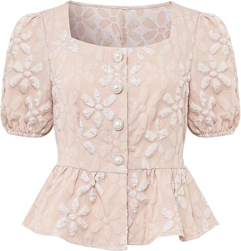 Women's Fashion Apricot Square Neck Puff Sleeve Floral Embroidery Cardigan Top in Saudi Arabia