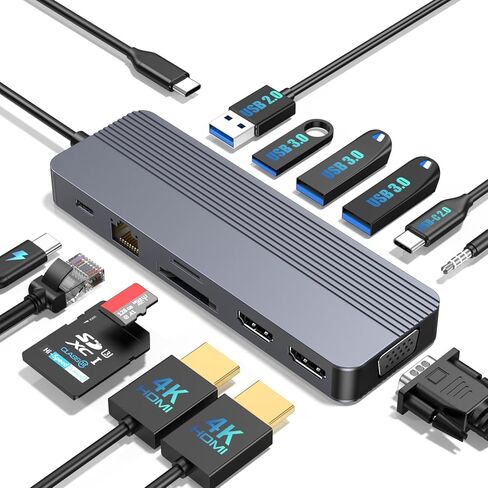 Docking Station Dual Monitor, 10-in-1 USB C Hub with 4K HDMI, VGA, Fast Charging Port, 3 USB Ports, SD/TF Card Reader, 3.5mm AUX, USB C Dongle for MacBook, Dell, Lenovo, HP Laptops in Saudi Arabia