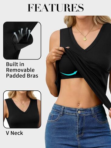 V FOR CITY Women's Long Tank Tops with Built in Bra Summer V Neck Tunic Top Loose Fit Sleeveless Shirt Side Split in Kuwait