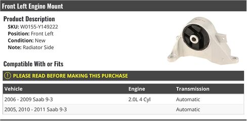 Front Left Driver Side Engine Mount - Compatible with 2005-2011 Saab 9-3 2.0L 4-Cylinder in Saudi Arabia