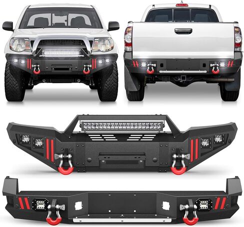 Tacoma Front Bumper w/Winch Plate + Rear Bumper w/Sensor Holes for 2005-2015 Tacoma 2nd Gen, Tacoma Bumper Set Black with D-rings, Lights, License Plate Bracket in Saudi Arabia