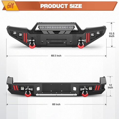 Tacoma Front Bumper w/Winch Plate + Rear Bumper w/Sensor Holes for 2005-2015 Tacoma 2nd Gen, Tacoma Bumper Set Black with D-rings, Lights, License Plate Bracket in Saudi Arabia