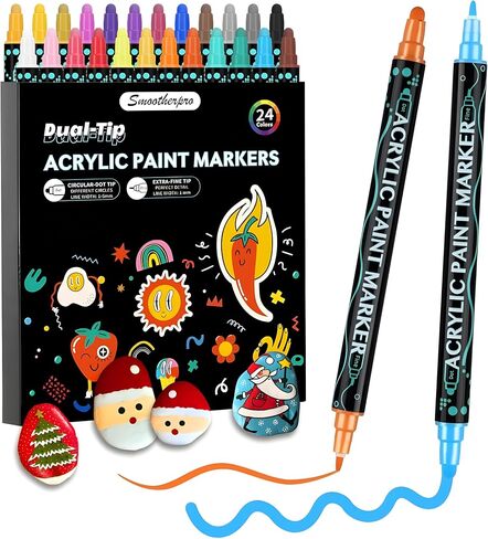 SMOOTHERPRO Acrylic Paint Markers, 24 Colors Dual Tip Acrylic Paint Pens for Wood, Canvas, Stone, Pumpkins, Rock Painting, Glass, Plastic, Ceramic, DIY Crafts Art Supplies in Saudi Arabia
