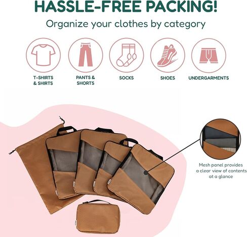 Compression Packing Cubes for Travel – 6-Pack Expandable Luggage Organizer Bags | Lightweight Storage Solution for Suitcase, Backpack & Carry-On | Travel Accessories for Men & Women (Brown & Camel) in Saudi Arabia