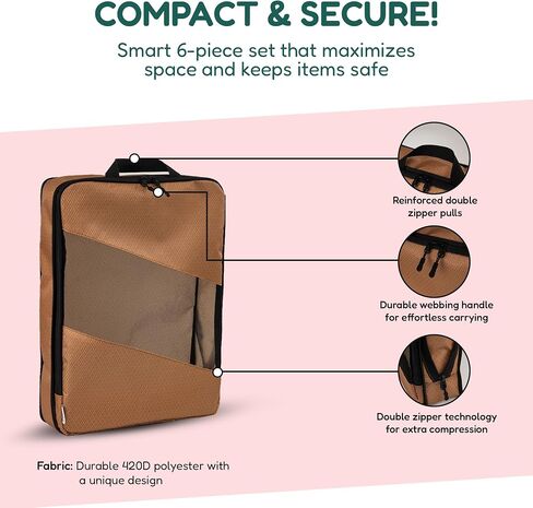 Compression Packing Cubes for Travel – 6-Pack Expandable Luggage Organizer Bags | Lightweight Storage Solution for Suitcase, Backpack & Carry-On | Travel Accessories for Men & Women (Brown & Camel) in Saudi Arabia