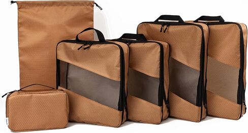 Compression Packing Cubes for Travel – 6-Pack Expandable Luggage Organizer Bags | Lightweight Storage Solution for Suitcase, Backpack & Carry-On | Travel Accessories for Men & Women (Brown & Camel) in Saudi Arabia