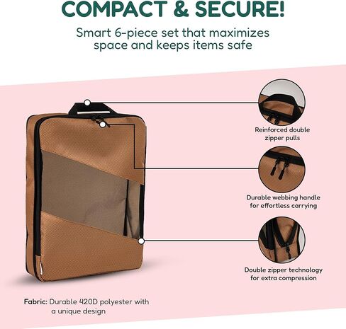 Compression Packing Cubes for Travel – 6-Pack Expandable Luggage Organizer Bags | Lightweight Storage Solution for Suitcase, Backpack & Carry-On | Travel Accessories for Men & Women (Brown & Camel) in Saudi Arabia