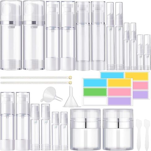 Meanplan 32 Pack Airless Pump Jars Set 3.4/1.7/1/0.34oz Refillable Travel Cosmetic Container Mini Leak Proof Atomizer Spray Bottle Skincare Dispenser for Toiletry, Cream Lotion, Foundation, Shampoo in Saudi Arabia