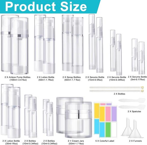 Meanplan 32 Pack Airless Pump Jars Set 3.4/1.7/1/0.34oz Refillable Travel Cosmetic Container Mini Leak Proof Atomizer Spray Bottle Skincare Dispenser for Toiletry, Cream Lotion, Foundation, Shampoo in Saudi Arabia