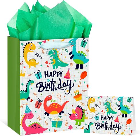 حقيبة هدايا عيد ميلاد Rumia Dinosaur للأولاد - حقائب هدايا T -Rex مع ورق الأنسجة وبطاقة الترحيب وورق Dino الأخضر - لوازم زخرفة حفلات الأطفال in Kuwait