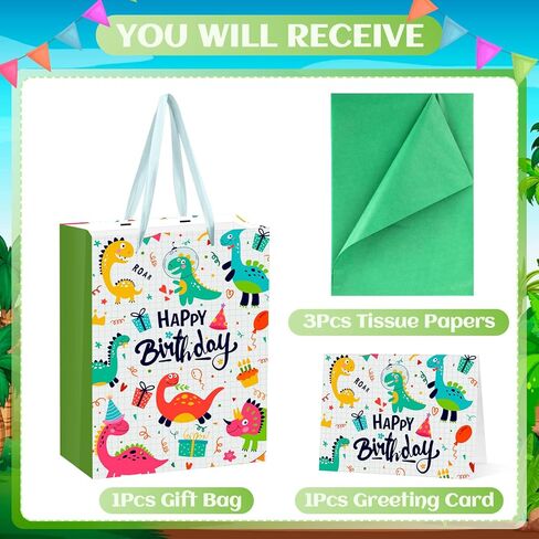 حقيبة هدايا عيد ميلاد Rumia Dinosaur للأولاد - حقائب هدايا T -Rex مع ورق الأنسجة وبطاقة الترحيب وورق Dino الأخضر - لوازم زخرفة حفلات الأطفال in Kuwait