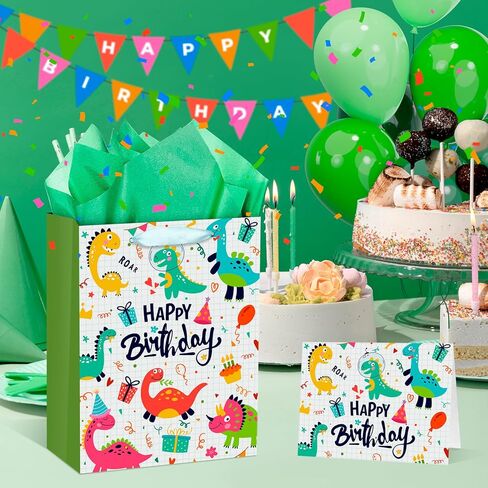 حقيبة هدايا عيد ميلاد Rumia Dinosaur للأولاد - حقائب هدايا T -Rex مع ورق الأنسجة وبطاقة الترحيب وورق Dino الأخضر - لوازم زخرفة حفلات الأطفال in Kuwait