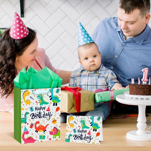 حقيبة هدايا عيد ميلاد Rumia Dinosaur للأولاد - حقائب هدايا T -Rex مع ورق الأنسجة وبطاقة الترحيب وورق Dino الأخضر - لوازم زخرفة حفلات الأطفال in Kuwait