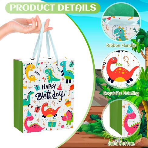 حقيبة هدايا عيد ميلاد Rumia Dinosaur للأولاد - حقائب هدايا T -Rex مع ورق الأنسجة وبطاقة الترحيب وورق Dino الأخضر - لوازم زخرفة حفلات الأطفال in Kuwait